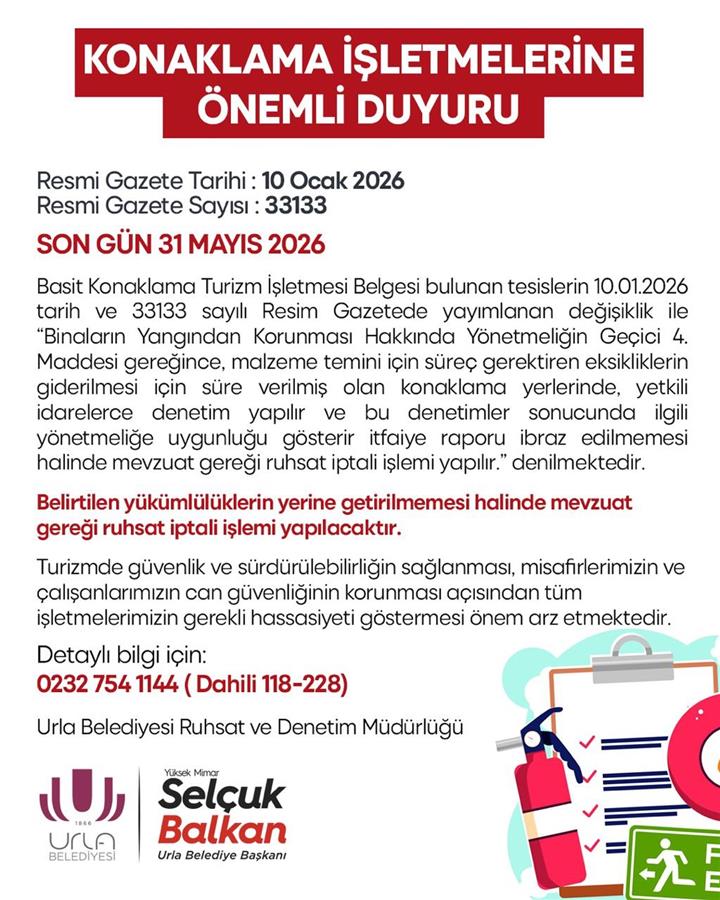 KONAKLAMA İŞLETMELERİNE ÖNEMLİ DUYURU